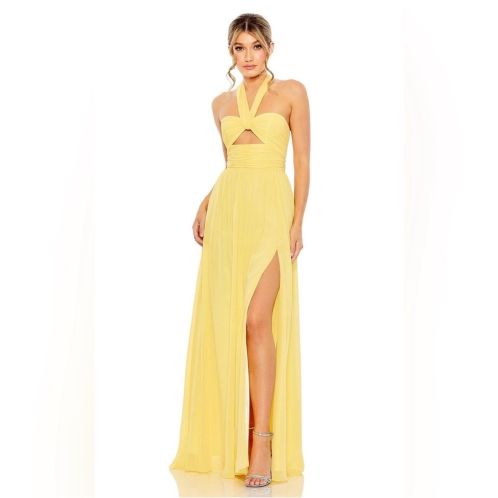 Mac Duggal Yellow Halter Cutout Chiffon Evening Gown